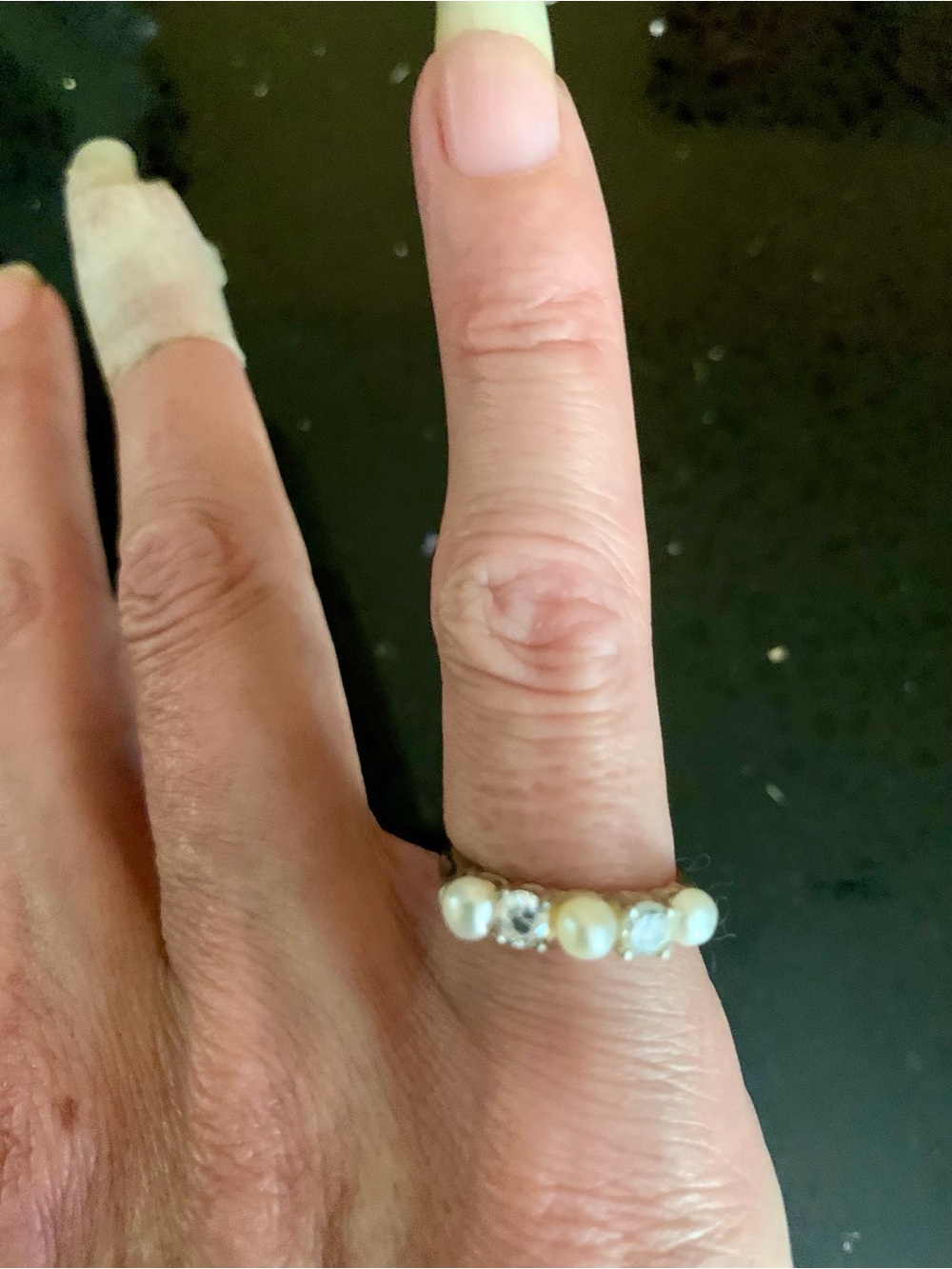 Elegant Vintage Sterling Silver and white pearl and crystal ring size 6 #0064